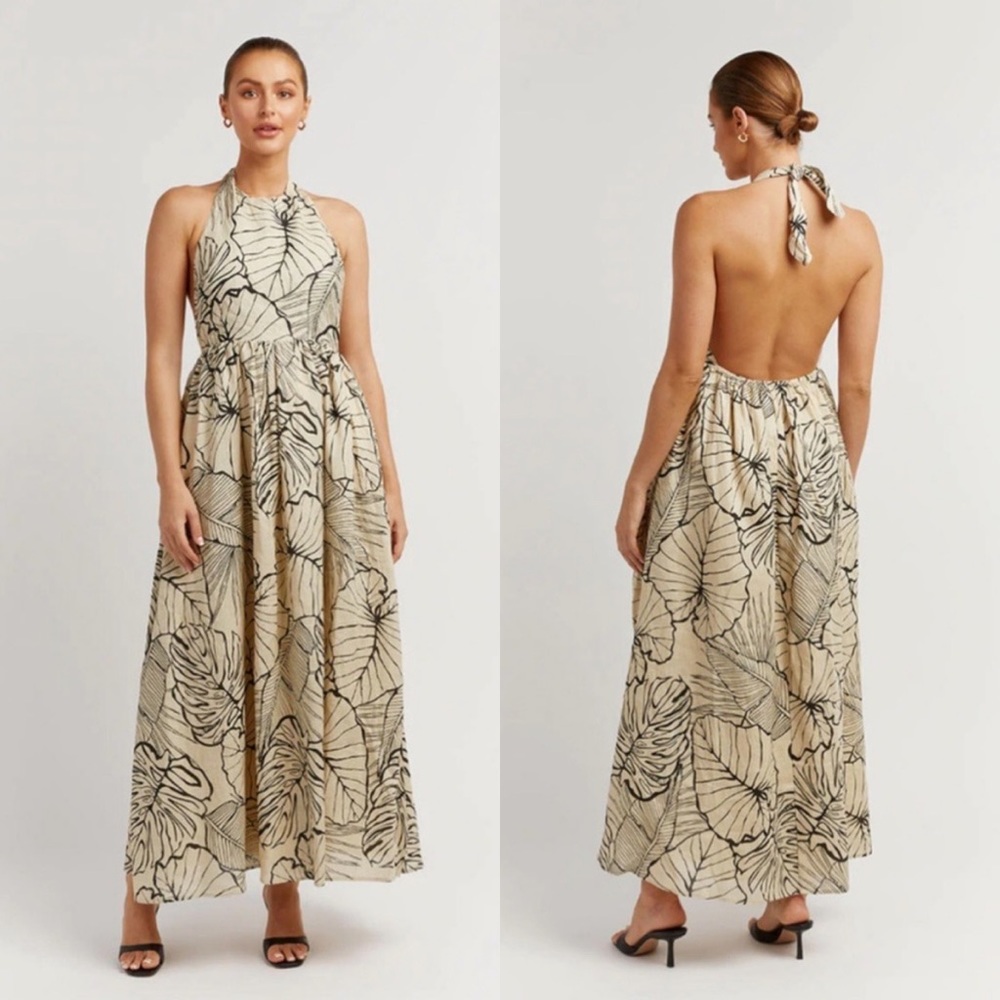 DISSH Malta Tropical Palm Leaf Linen Halter Maxi Dress Boho Coastal Size 8